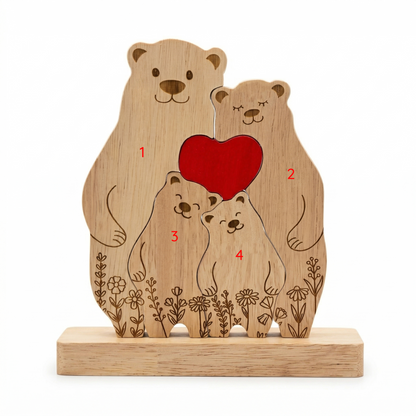 Custom Oak Bear Family Keepsake with Engraved Names