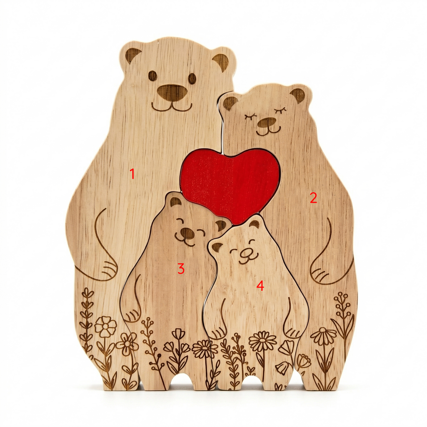 Custom Oak Bear Family Keepsake with Engraved Names