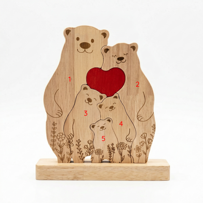 Custom Oak Bear Family Keepsake with Engraved Names