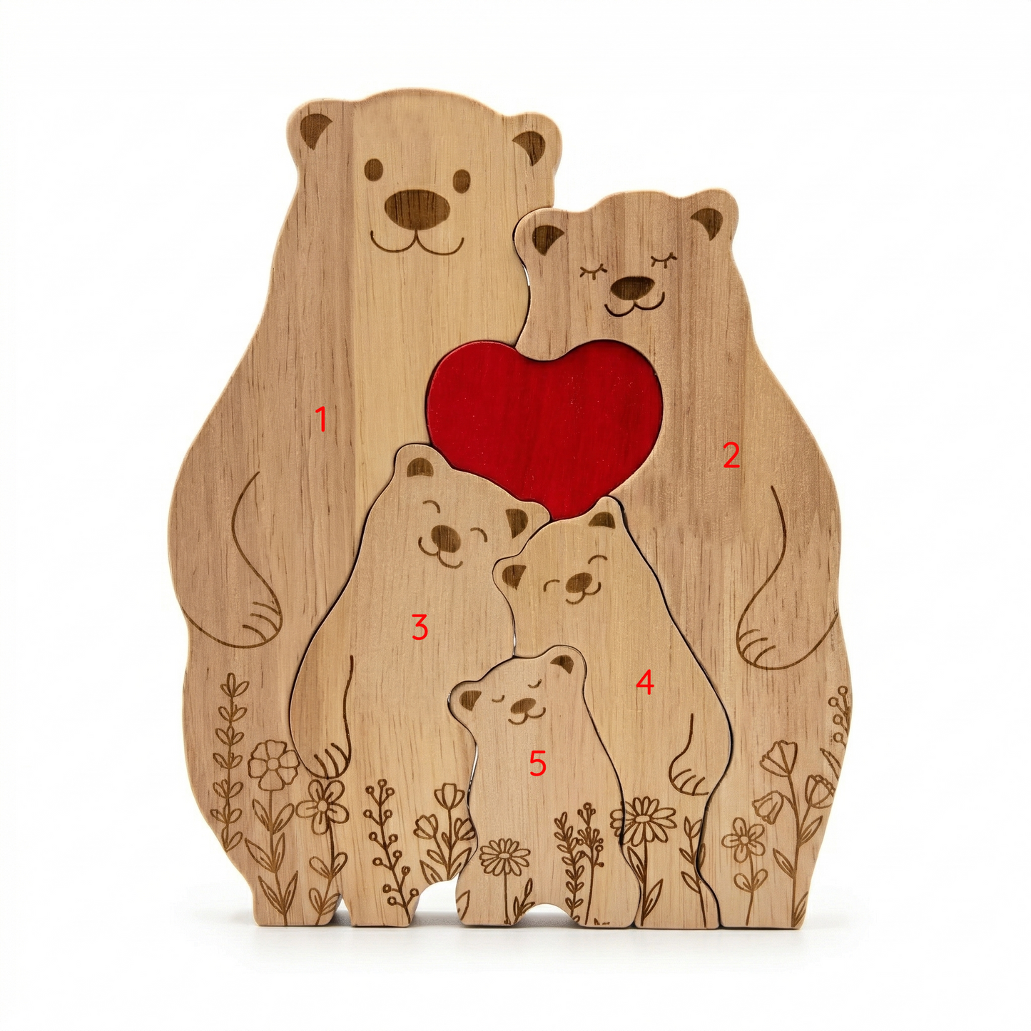 Custom Oak Bear Family Keepsake with Engraved Names