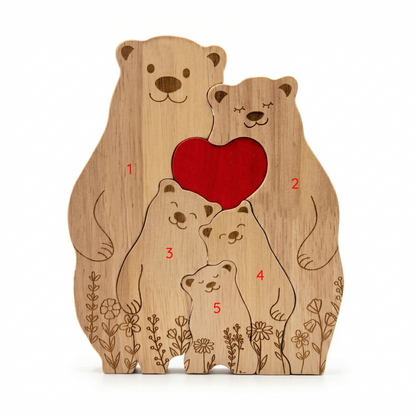 Custom Oak Bear Family Keepsake with Engraved Names