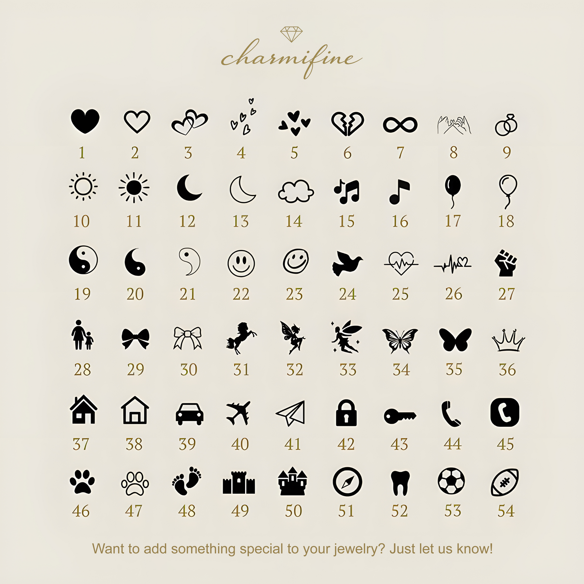 Engraving symbols collection for personalized jewelry customization by Charmifine.