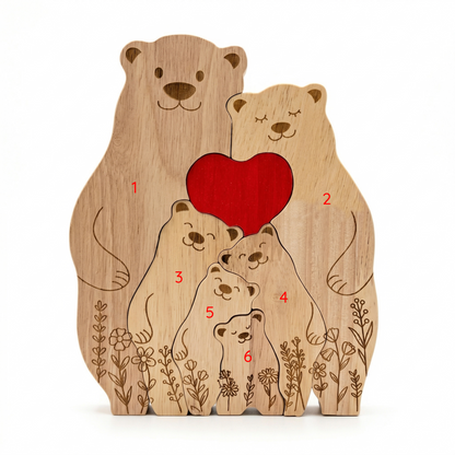 Custom Oak Bear Family Keepsake with Engraved Names