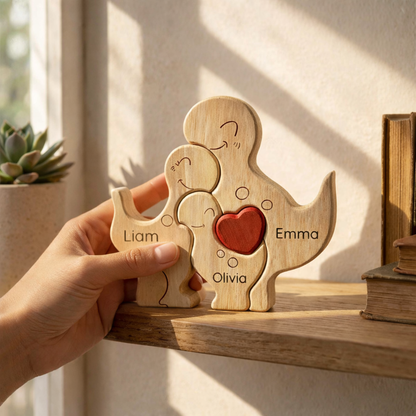 Custom Dinosaur Family Keepsake – Personalized Wooden Dino Decor with Names & Heart Gift