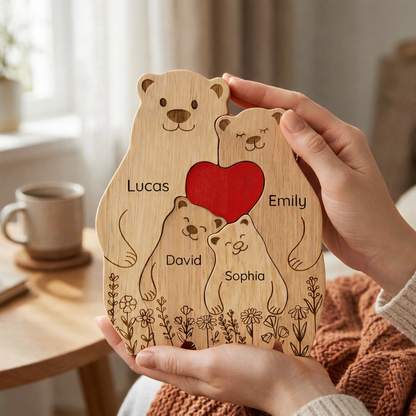 Custom Oak Bear Family Keepsake with Engraved Names