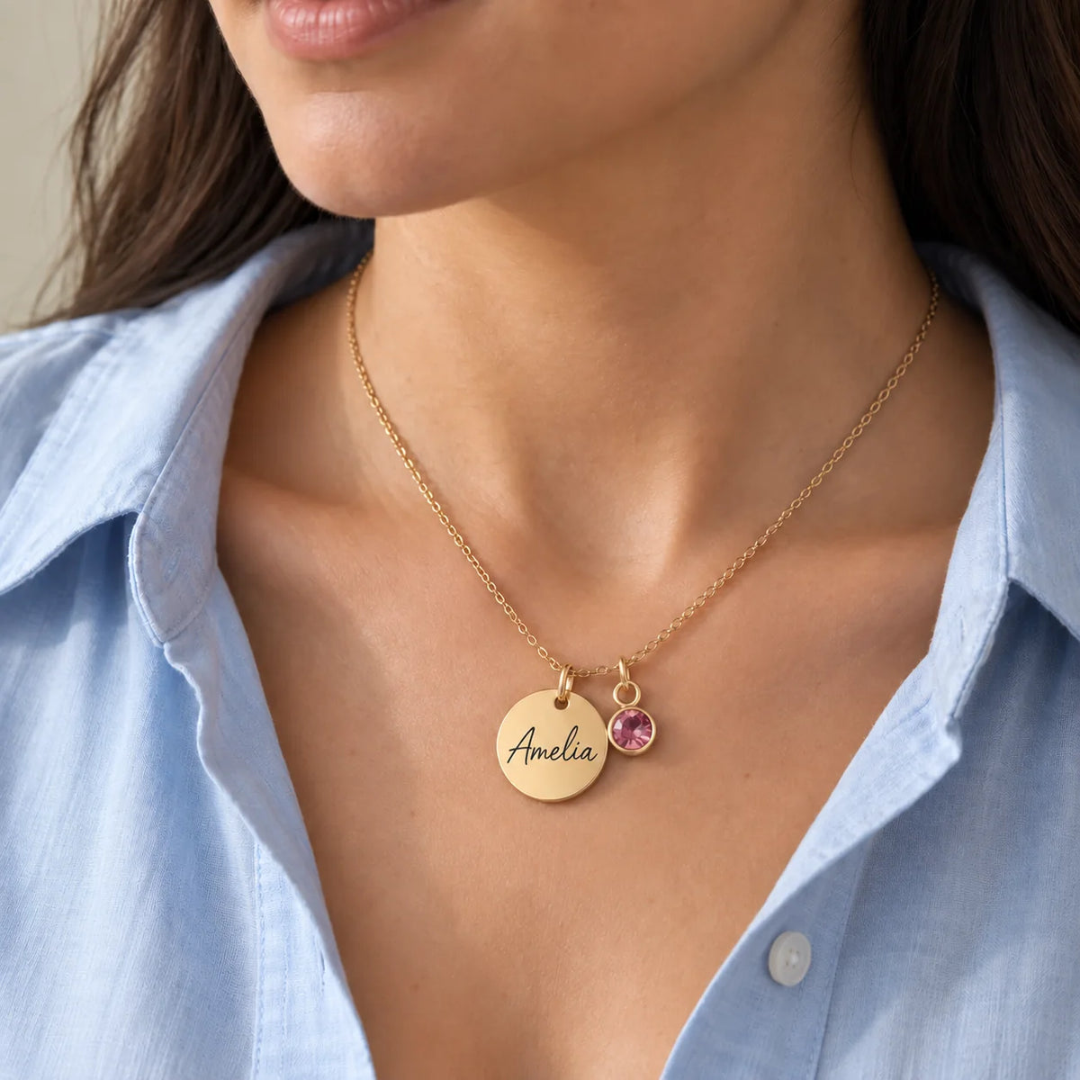 Personalized Name & Birthstone Disc Necklace