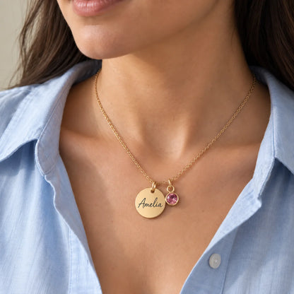 Personalized Name & Birthstone Disc Necklace