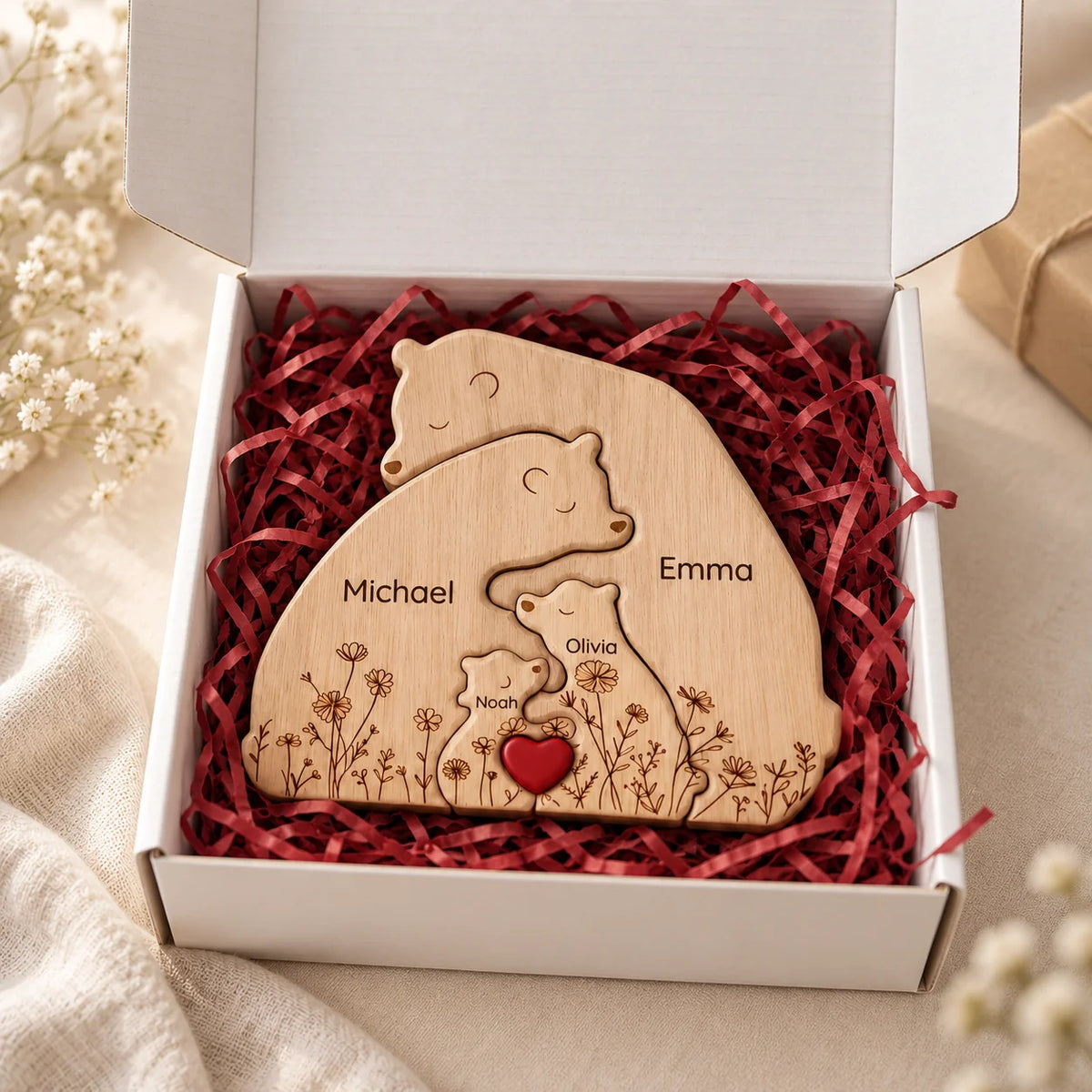 Personalized Bear Family Keepsake – Floral Heart Design