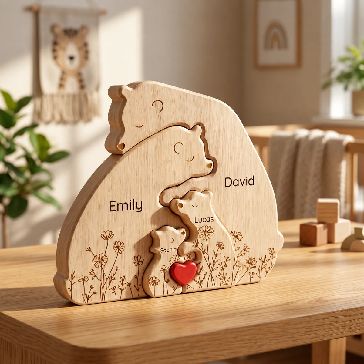 Personalized Bear Family Keepsake – Floral Heart Design