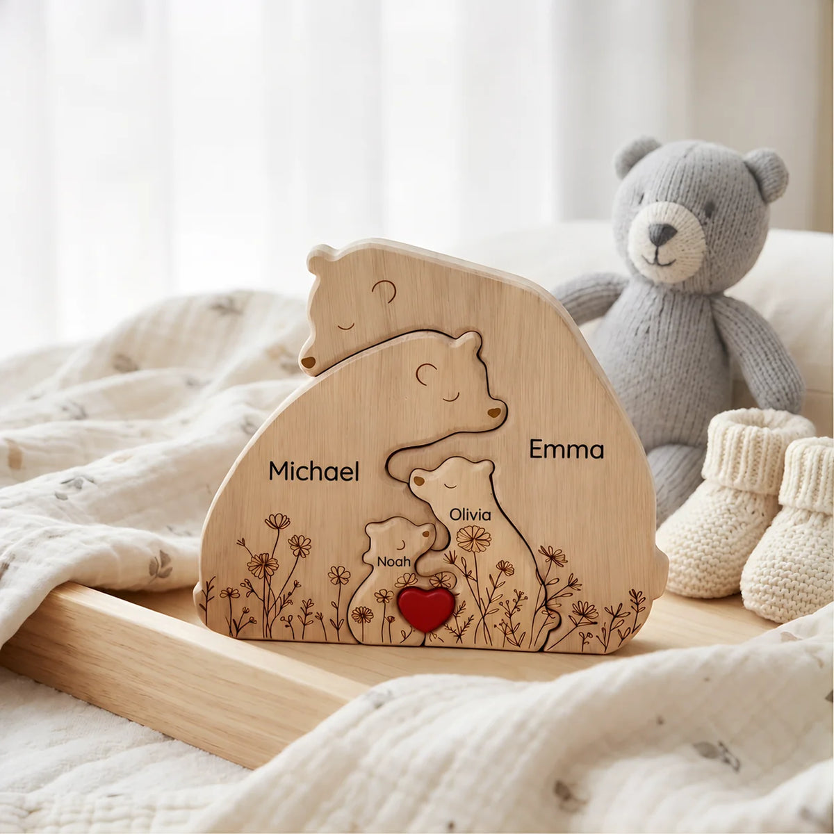 Personalized Bear Family Keepsake – Floral Heart Design
