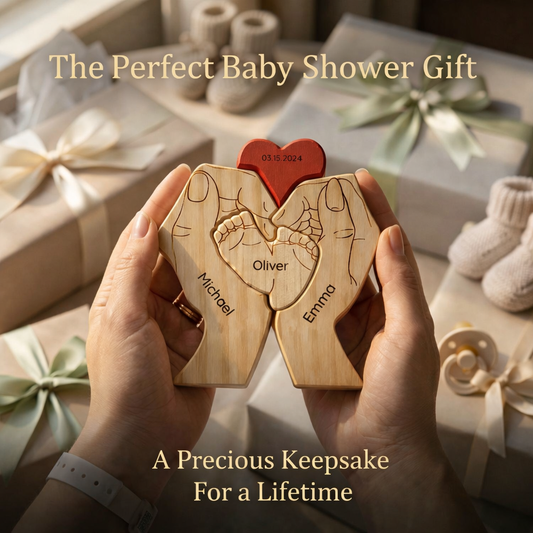 Personalized Wooden Family Keepsake – Parents & Child Hands – Custom Names & Heart
