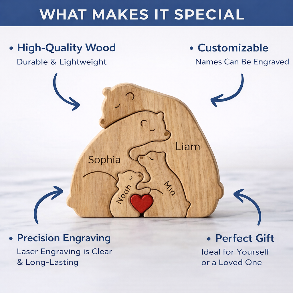 Custom Wooden Bear Family Keepsake with Engraved Names