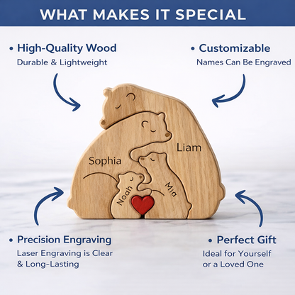 Custom Wooden Bear Family Keepsake with Engraved Names