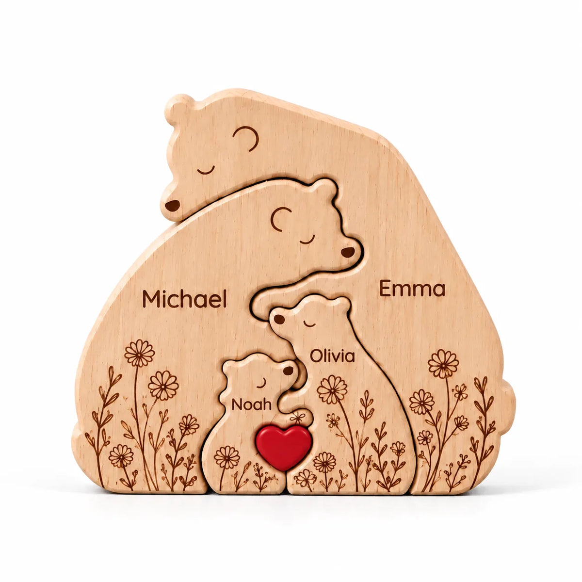 Personalized Bear Family Keepsake – Floral Heart Design