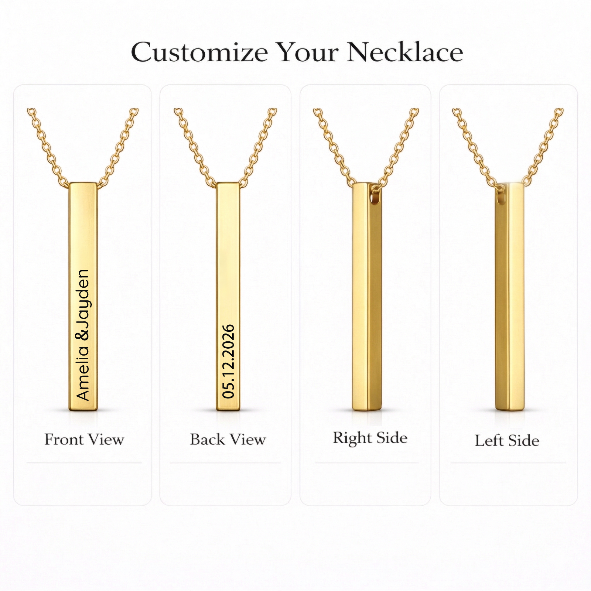 Personalized mom necklace showing customizable engravings on all sides with options for names and dates.