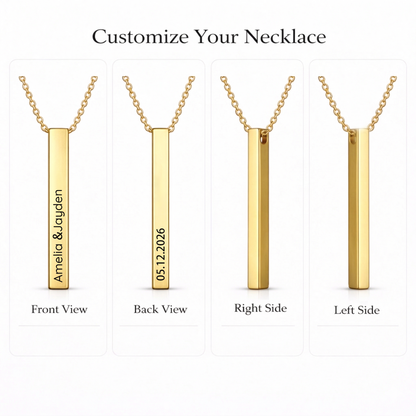 Personalized mom necklace showing customizable engravings on all sides with options for names and dates.