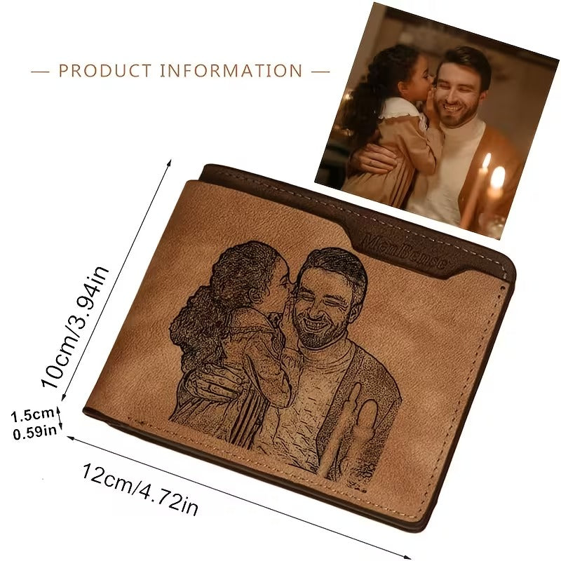 Personalized photo engraved wallet featuring a father and child photo engraving, a unique custom gift for Dad.