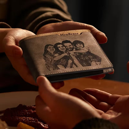Personalized photo engraved wallet showcasing a family photo, a heartfelt custom gift for Dad.