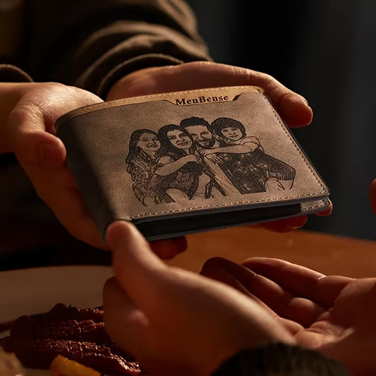 Personalized photo engraved wallet showcasing a family photo, a heartfelt custom gift for Dad.