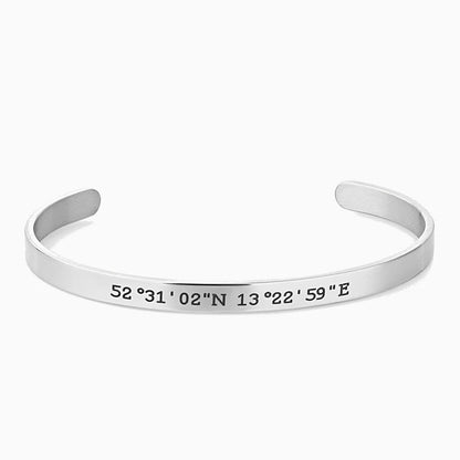 Personalized Coordinates Cuff Bracelet - Custom Engraved Name & Date - Matching Unisex Gift for Couples & Friends