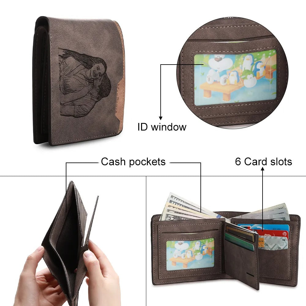 Personalized photo engraved wallet featuring an engraved image, sunglasses, and a wristwatch on a marble surface.