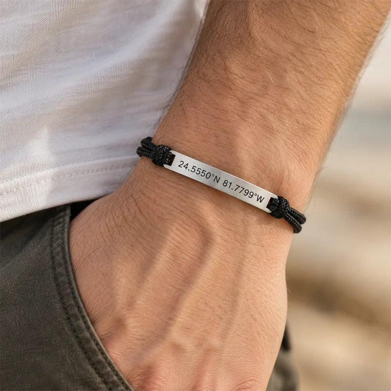 Personalized Engraved Cord Bracelet – Coordinates & Text