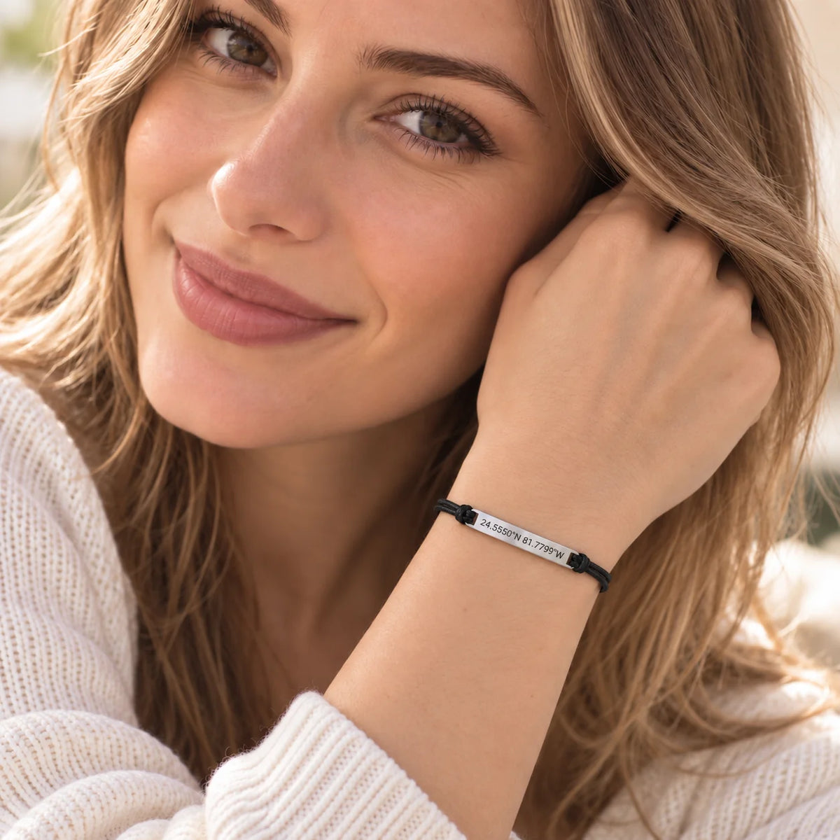 Personalized Engraved Cord Bracelet – Coordinates & Text