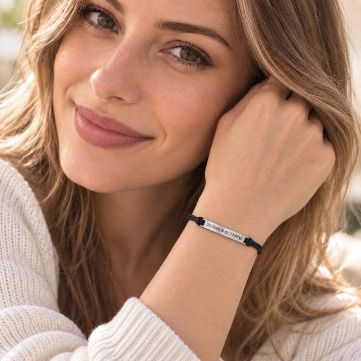 Personalized Engraved Cord Bracelet – Coordinates & Text