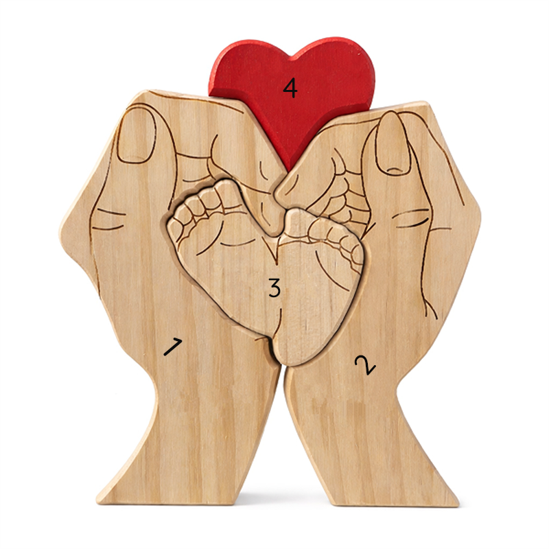 Personalized Wooden Family Puzzle – Parents & Child Hands – Custom Names & Heart