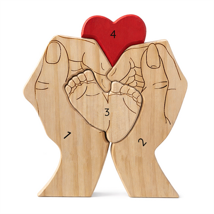 Personalized Wooden Family Puzzle – Parents & Child Hands – Custom Names & Heart
